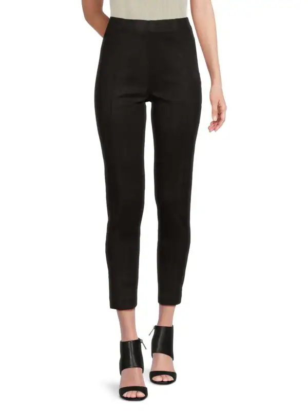 Faux suede pants featuring a cropped silhouette, tapered look, and exposed seams at the front.