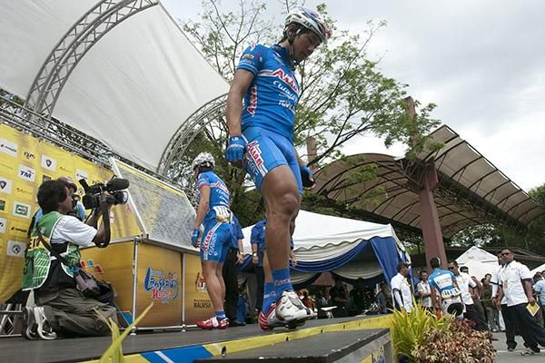 Shinpei Fukuda (Asian Racing Team) from Japan leaves the stage after signing on for stage three in Taiping.