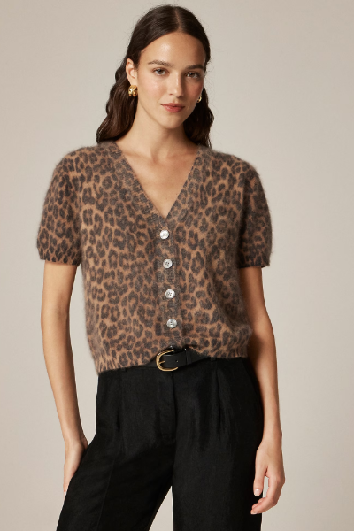 J.Crew, Brushed Cashmere Short-Sleeve Cardigan in Leopard Print