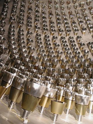 Inside the Borexino stainless steel sphere showing some of the photomultipliers used to detect the pp neutrino.