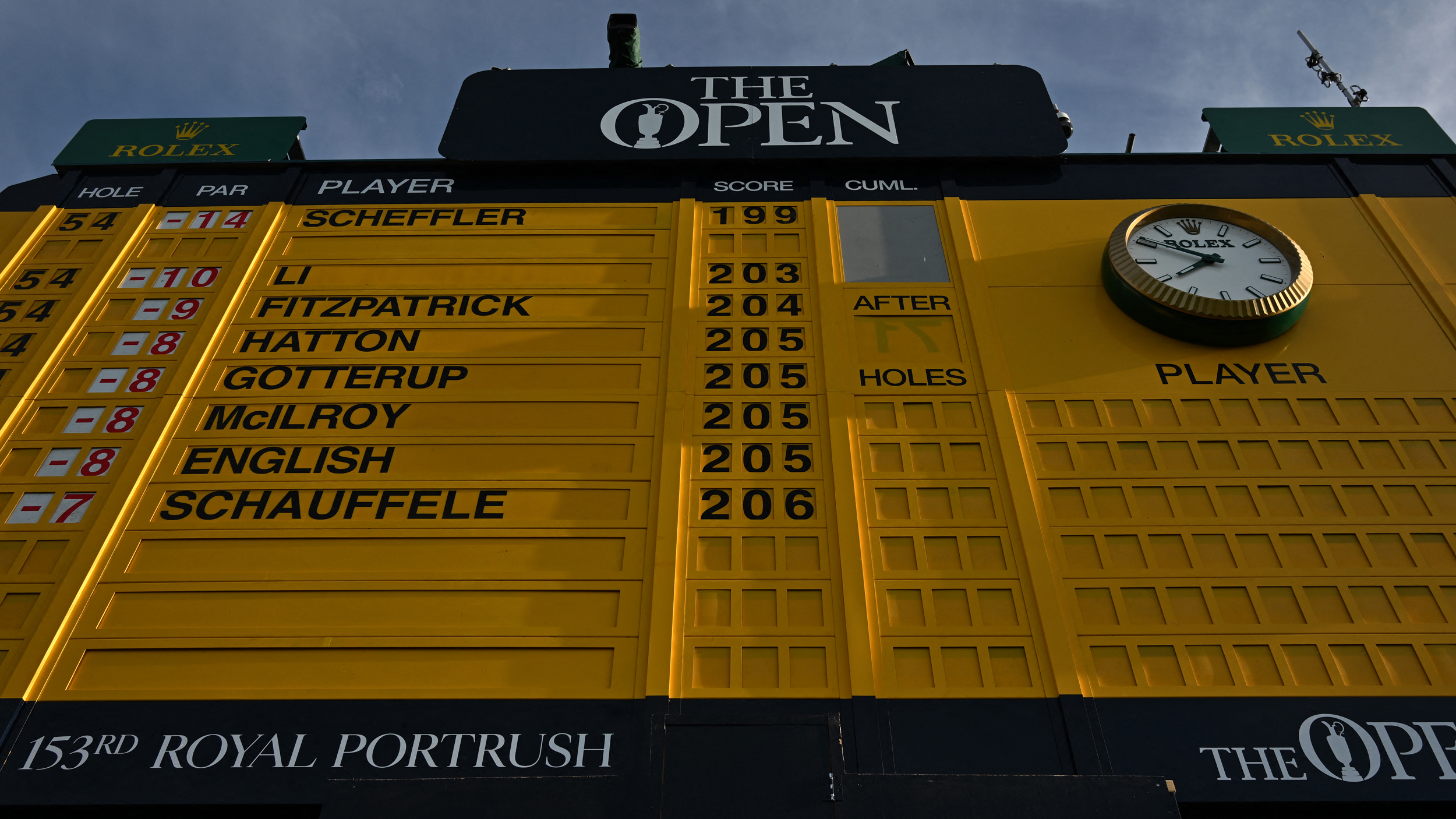 Looking up at the big yellow Open scoreboard