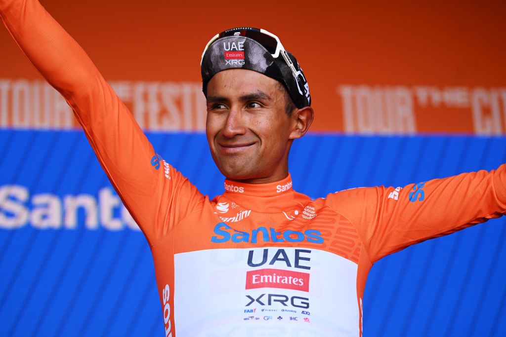 WILLUNGA HILL AUSTRALIA JANUARY 25 Jhonatan Narvaez of Ecuador and UAE Team Emirates Xrg celebrates at podium as Orange Santos Leaders Jersey winner during the 25th Santos Tour Down Under 2025 Stage 5 a 1457km stage from McLaren Vale to Willunga Hill 371m UCIWT on January 25 2025 in Willunga Hill Australia Photo by Dario BelingheriGetty Images