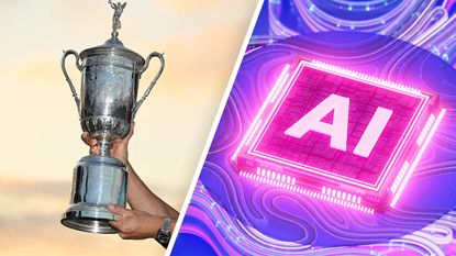 US Open trophy being held aloft and an image of an AI futuristic logo