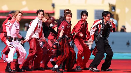 EAST RUTHERFORD, NEW JERSEY - JULY 19: RM, Jin, Suga, J-Hope, Jimin, V and Jung Kook of BTS perform during the Topps Final Halftime Show in the FIFA World Cup 2026 Final match