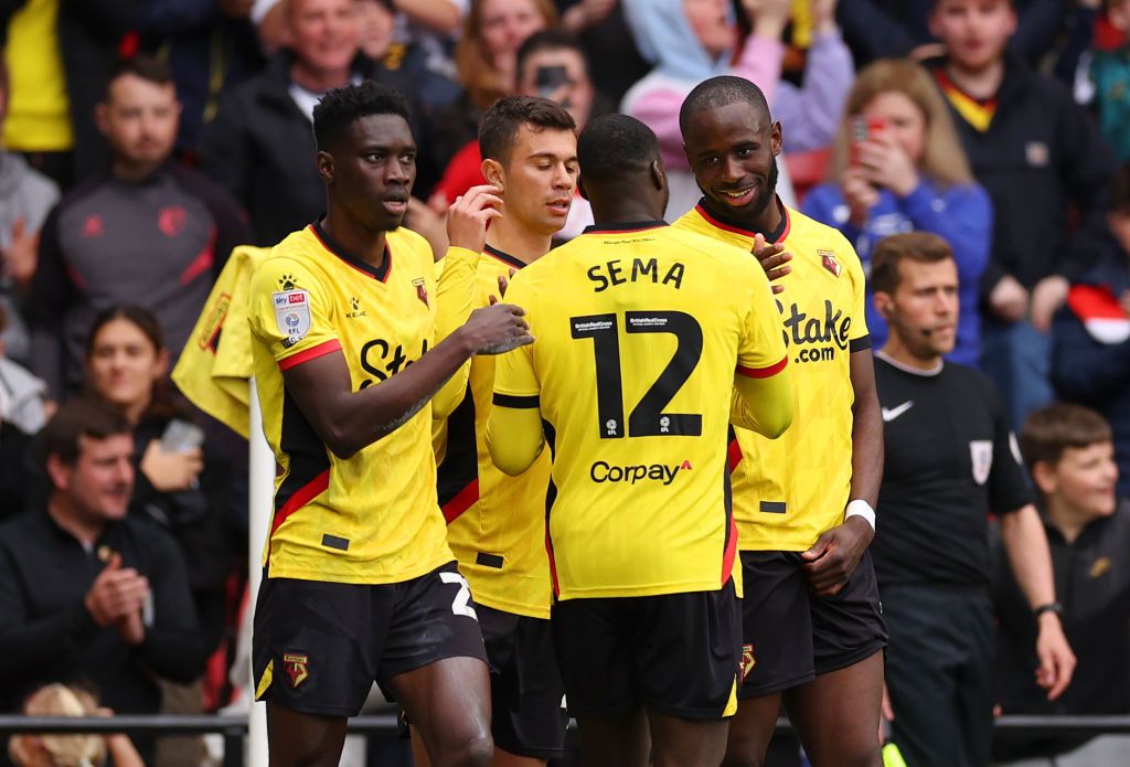 Watford season preview 2023/24 Keinan Davis of Watford celebrates with teammates after scoring the team&#039;s second goal during the Sky Bet Championship between Watford and Stoke City at Vicarage Road on May 08, 2023 in Watford, England