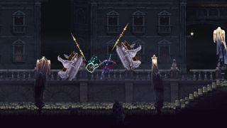Blasphemous 2 screenshot showing combat in a gothic level
