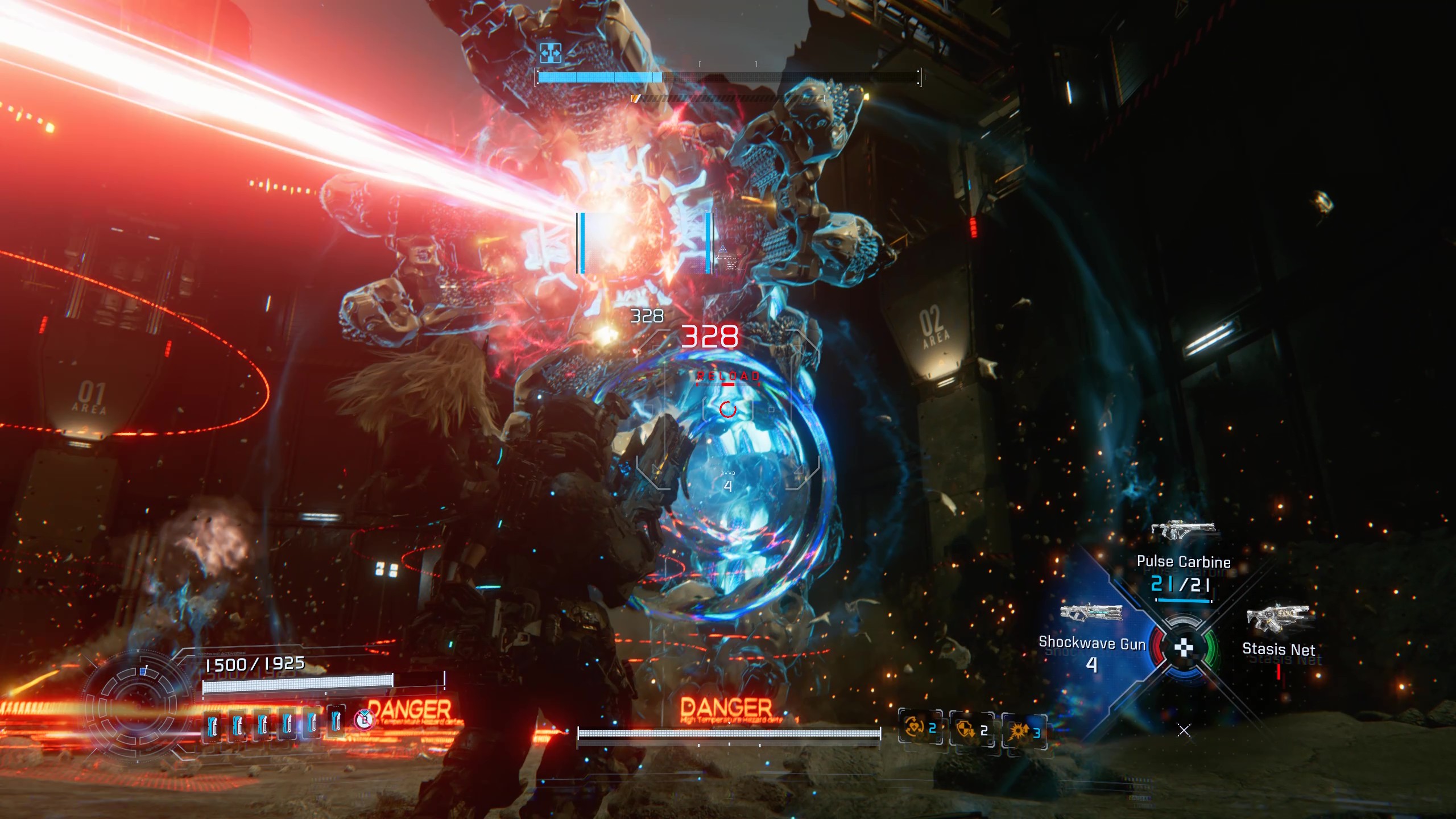 Pragmata Luna Digger: A player firing at the mechanical worm boss while it fires a large red laser.