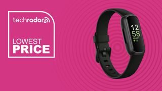 The Fitbit Inspire 3 on a pink background with text saying Lowest Price.