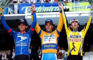 Aitor Gonzalez on the top step of the 2002 Vuelta as overall winner