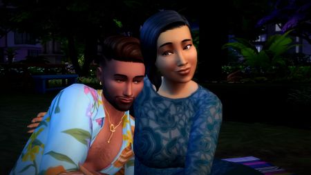 The Sims 4 Lovestruck trailer screenshot showing a male and female Sim facing forward, leaning against one another while smiling