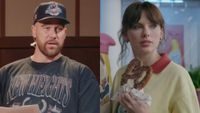 Travis kelce talking on New Heights and Taylor Swift holding a pretzel in the Opalite music video.