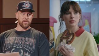 Travis kelce talking on New Heights and Taylor Swift holding a pretzel in the Opalite music video.