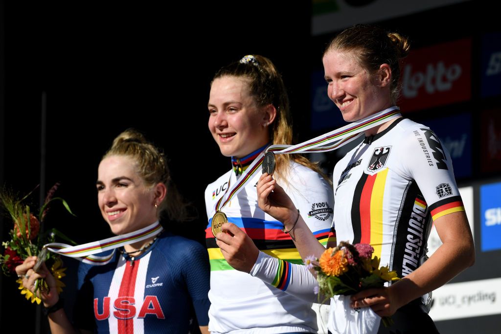 LEUVEN BELGIUM SEPTEMBER 25 Linda Riedmann of Germany poses on the podium during the medal ceremony after the 94th UCI Road World Championships 2021 Women Junior Road Race a 752km race from Leuven to Leuven flanders2021 on September 25 2021 in Leuven Belgium Photo by Tim de WaeleGetty Images