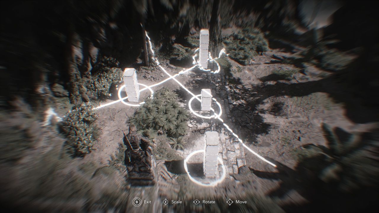 Black Flag Mayan stones: Edward crouched on top of the stele solving the puzzle in the ruins below.