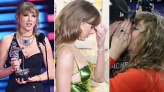 Split image of Taylor swift at the 2023 2023 MTV Video Music Awards, Taylor Swift at the 81st Golden Globe Awards, Taylor Swift at the AFC Championship Game at M&T Bank Stadium on January 28, 2024 in Baltimore, Maryland.