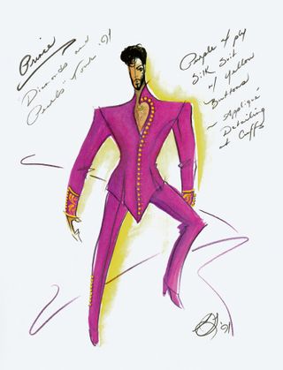 A illustrated design of singer Prince's iconic purple suit