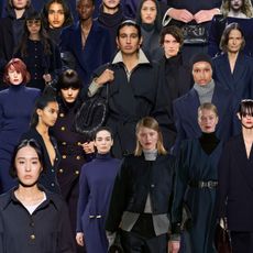 navy color trend shown in a runway collage with models all wearing blue clothing 