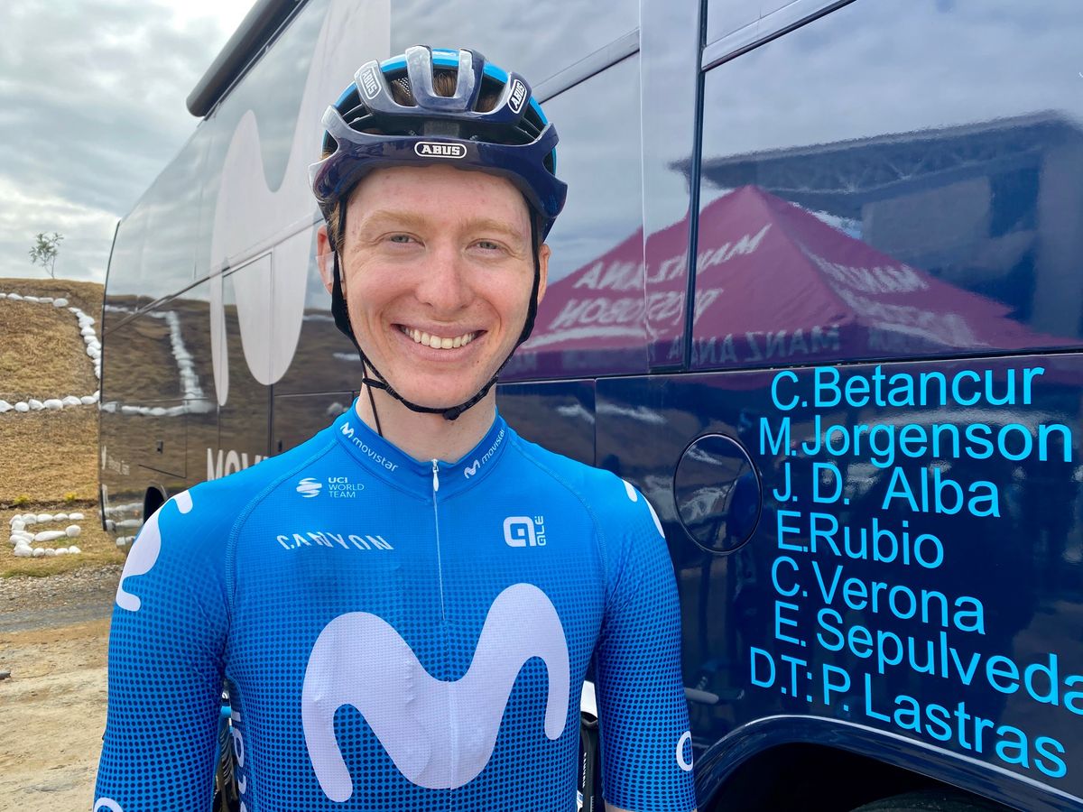 Matteo Jorgenson outisde the Movistar team bus at Tour Colombia 2.1