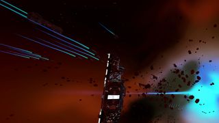 Uma visão da nave-mãe e de naves menores voando ao seu redor em uma captura de tela oficial de Homeworld Vast Reaches