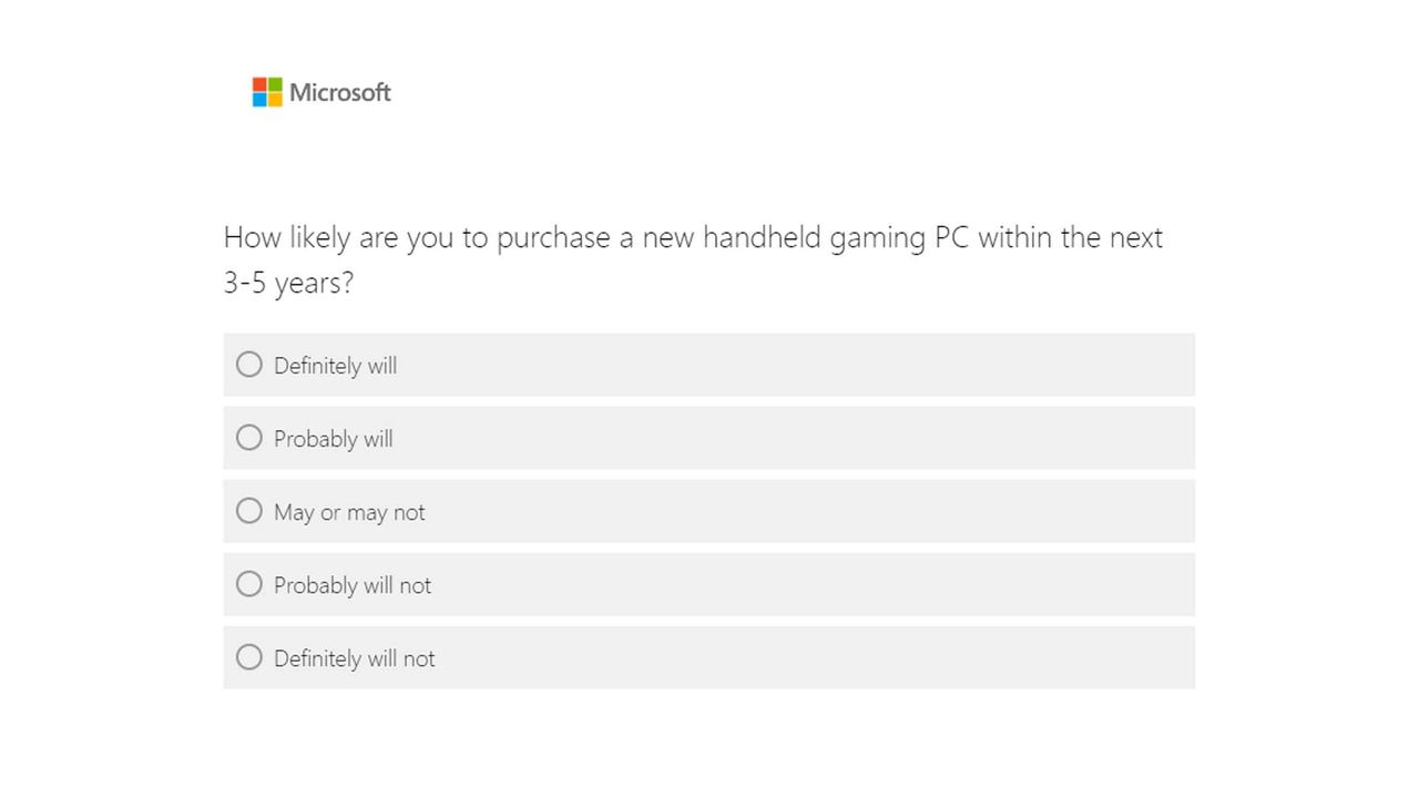 Microsoft gaming handheld survey: Likelihood of buying a gaming handheld.
