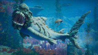 A screenshot of the video game Maneater, showing a shark underwater