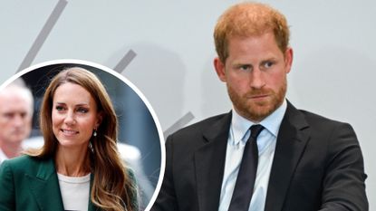 A roundel featuring Kate Middleton at the Glasgow 2026 Commonwealth Games over a picture of Prince Harry at The Archewell Foundation Parents’ Summit: Mental Wellness in the Digital Age