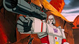 a white sentient robot with a giant arm cannon