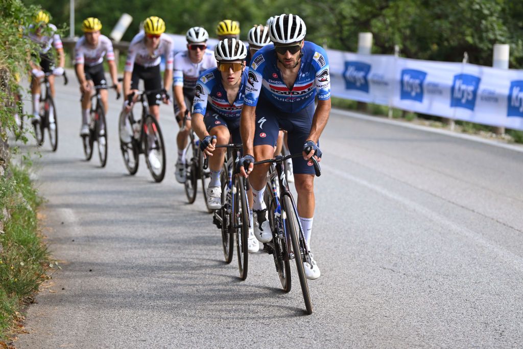 COL DE LA COUILLOLE FRANCE JULY 20 LR Ilan Van Wilder of Belgium and Gianni Moscon of Italy and Team Soudal QuickStep leads the peloton during the 111th Tour de France 2024 Stage 20 a 1328km stage from Nice to Col de la Couillole 1676m UCIWT on July 20 2024 in Col de la Couillole France Photo by Dario BelingheriGetty Images