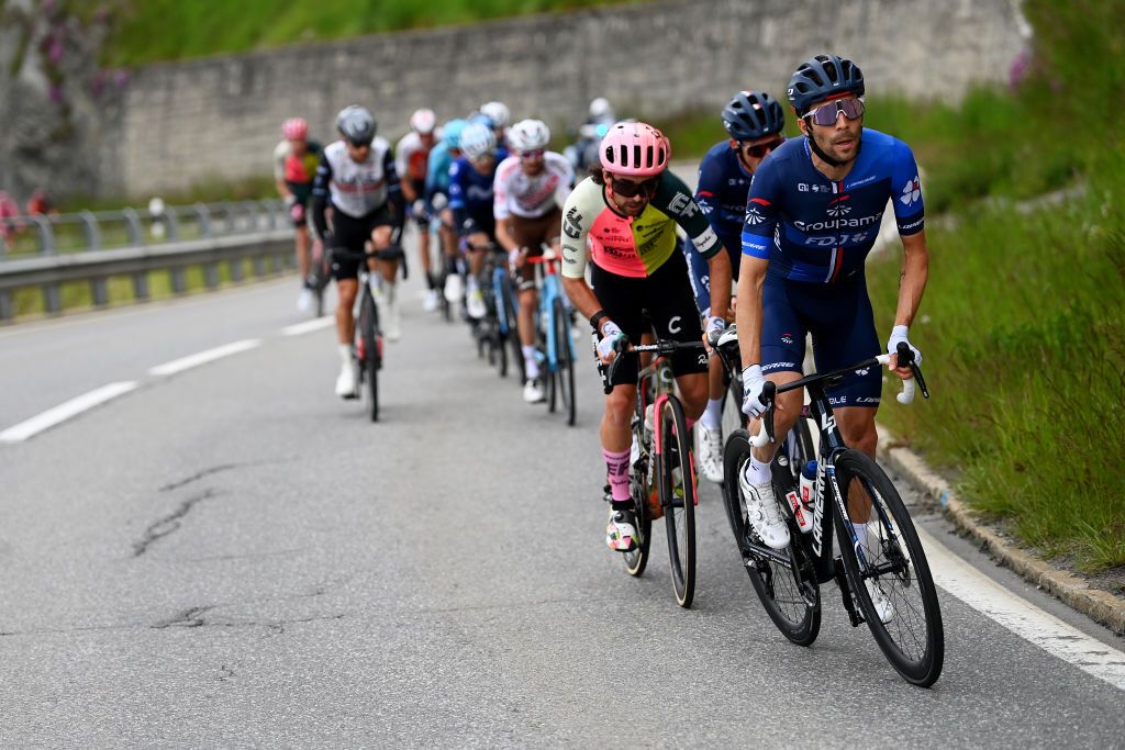 CRANSMONTANA SWITZERLAND MAY 19 LR Ben Healy of Ireland and Team EF EducationEasyPost and Thibaut Pinot of France and Team Groupama FDJ compete in the breakaway competes during the 106th Giro dItalia 2023 Stage 13 a 75km stage from Le Chable to CransMontana Valais 1456m Stage shortened due to the adverse weather conditions UCIWT on May 19 2023 in CransMontana Switzerland Photo by Tim de WaeleGetty Images