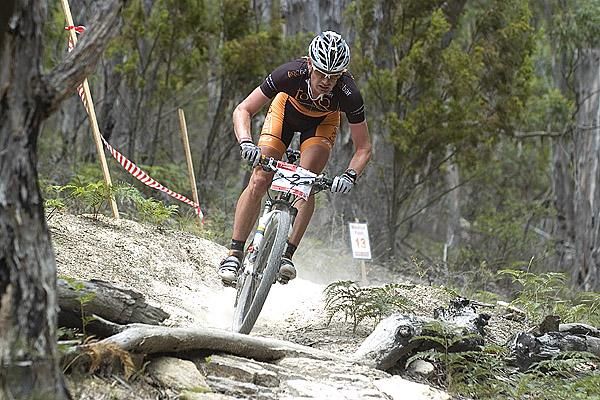 Daniel McConnell in action during the men's elite cross country event at the National MTB series in Tasmania.