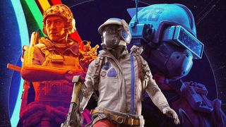 Arc Raiders Server Slam open beta: Key art for the game showing a character wearing makeshift armour and helmet, walking forward with a gun by their side. There are two more characters in the background overlayed by an orange and blue hue on the left and right respectively.
