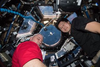 Astronauts Scott Tingle (left) and Norishige Kanai watch the SpaceX Dragon cargo craft arrive, carrying a cargo of frozen sperm (among other things).