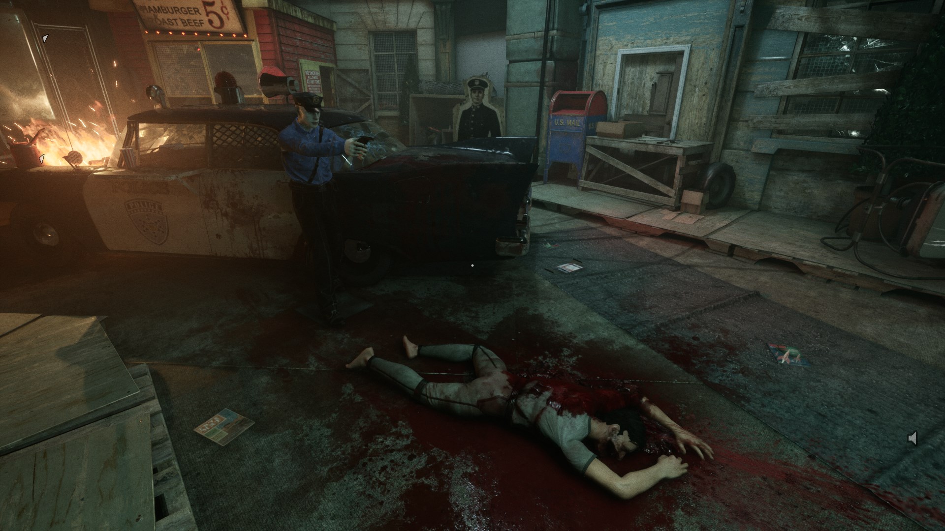 Blood-spattered dead body amidst diorama of cops in american town in Outlast Trials