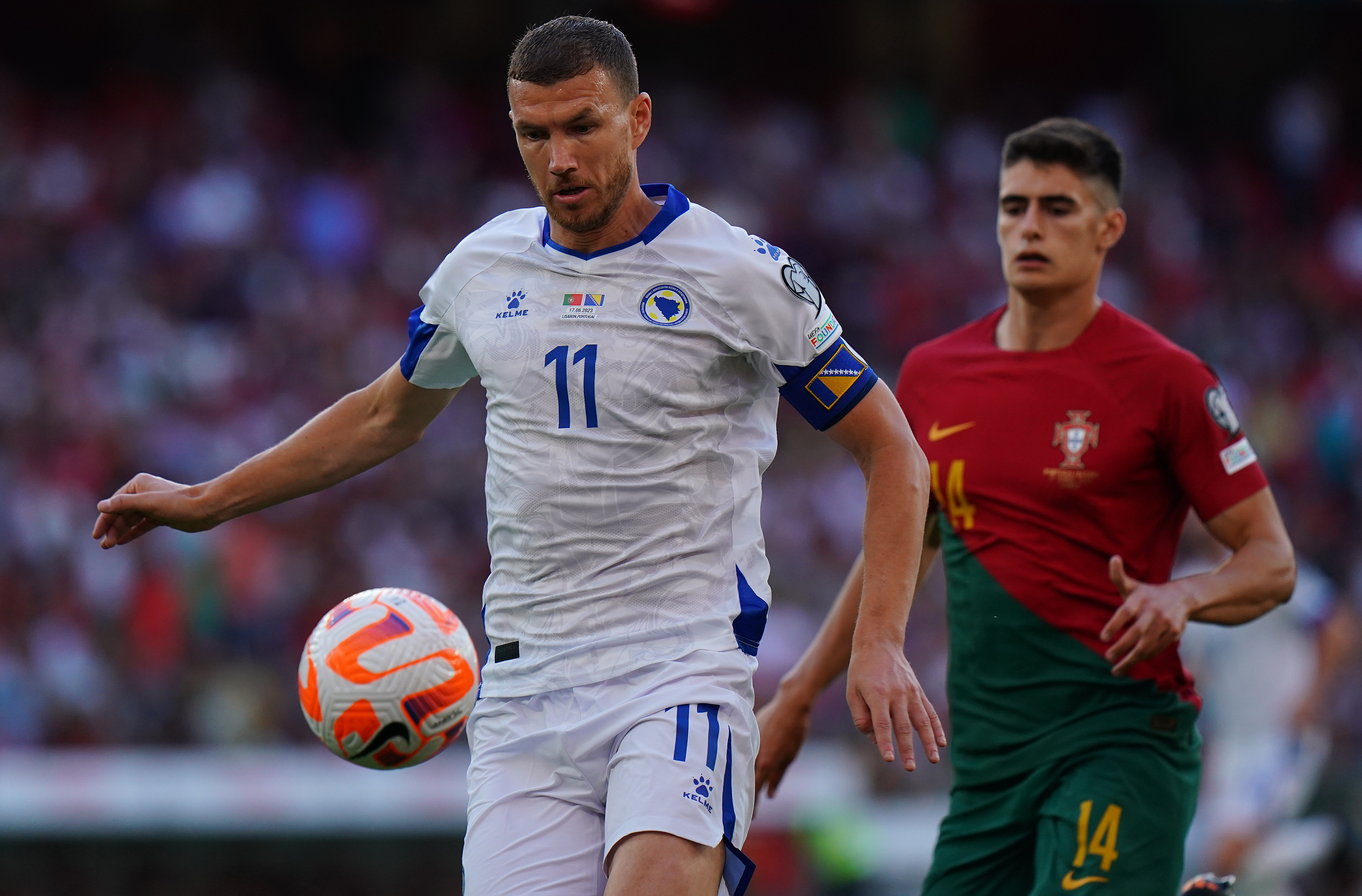 Bosnia Herzegovina striker Edin Dzeko in action against Portugal in June 2023.