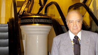 Mohamed Al Fayed in front of Diana and Dodi Memorial in Harrods, which reads: "Innocent victims"