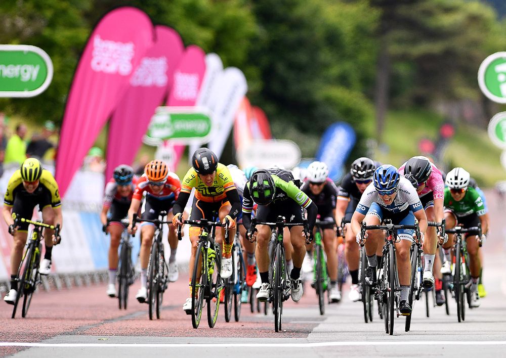 The sprinters bear down on the line during the final stage of the OVO Energy Women's Tour