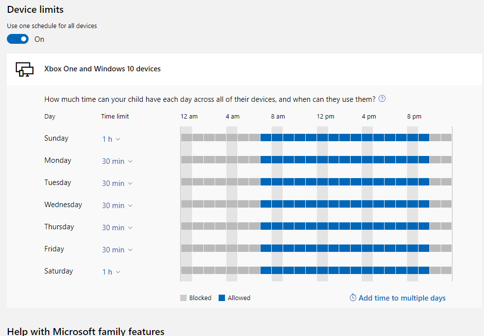 Microsoft Family Safety screen time schedules