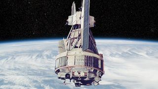An artist's illustration of NASA's Nimbus 3 weather satellite.