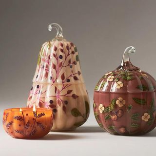 Handpainted White Birch & Pumpkin Glass Pumpkin Candle