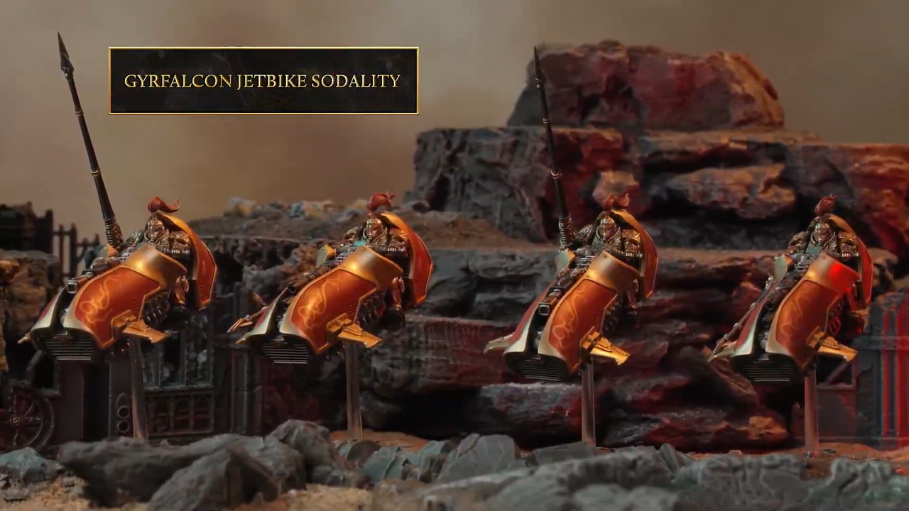 Custodes miniatures against a rocky battlefield