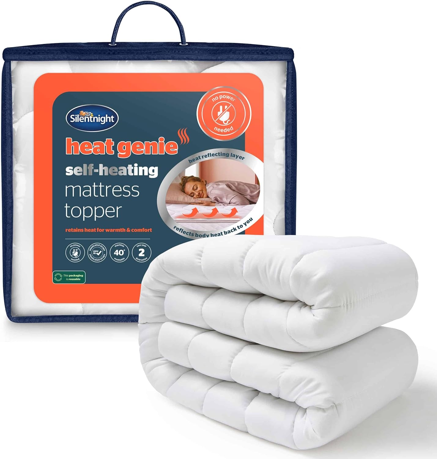 Silentnight Self Heating Double Mattress Topper - Warm Cosy Mattress Pad Topper Featuring Heat Reflecting Foil and Thermal Lining to Retain Heat - Double