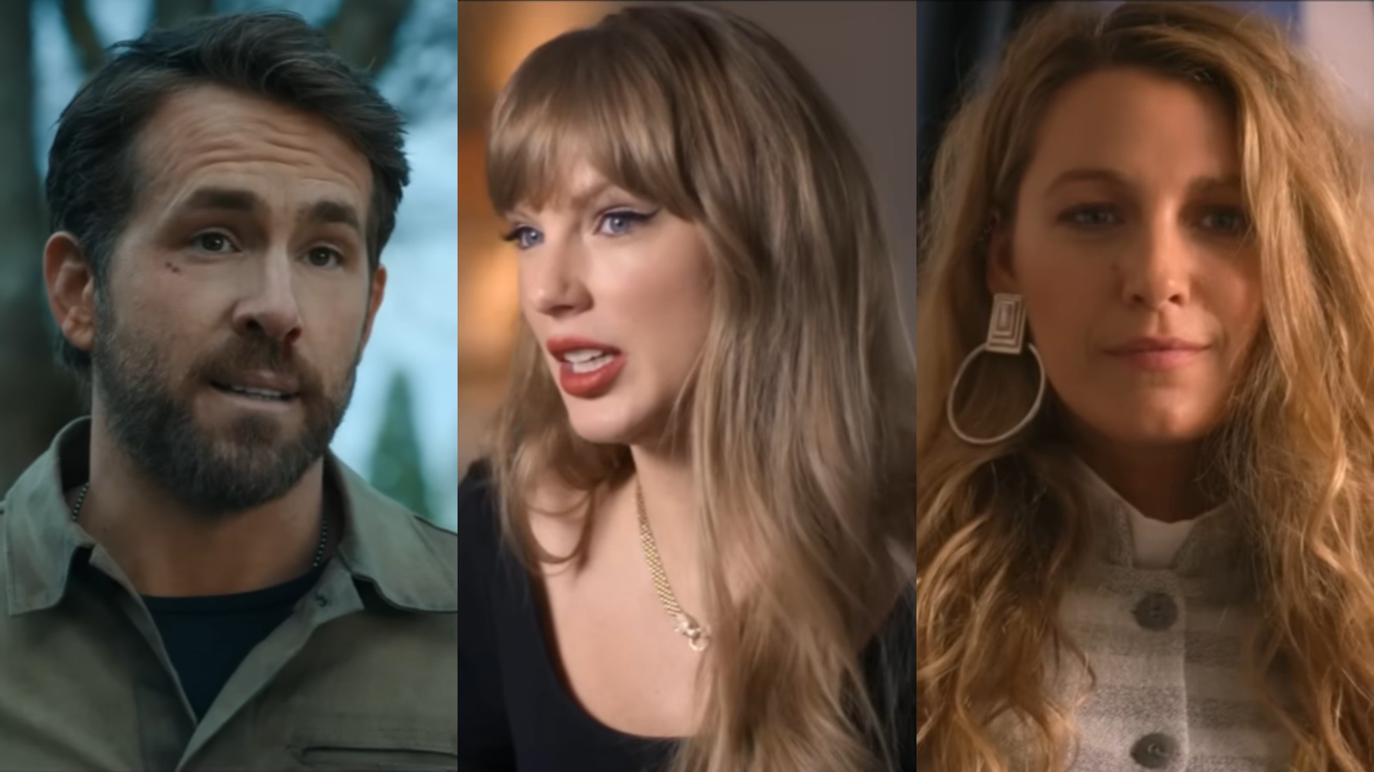From left to right: Ryan Reynolds in The Adam Project, Taylor Swift in The End of an Era and Blake Lively in Another Simple Favor.