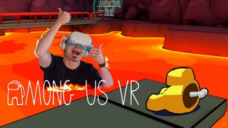 A photoshop of the author wearing a Quest headset, sinking into lava on the new Among Us VR map Polus Point, next to a dead crewmate body.