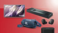 An image showing press images of the Samsung Q99H, JBL Xtreme 5, Focal Mu-so Hekla and Sony WF-1000XM6