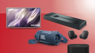 An image showing press images of the Samsung Q99H, JBL Xtreme 5, Focal Mu-so Hekla and Sony WF-1000XM6