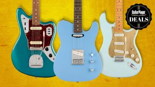 Three Fender guitars on a yellow background