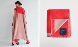 Two images, Left- model wrapped in red & pale red blanket/wrap, Right- Folded red/pink blanket/wrap