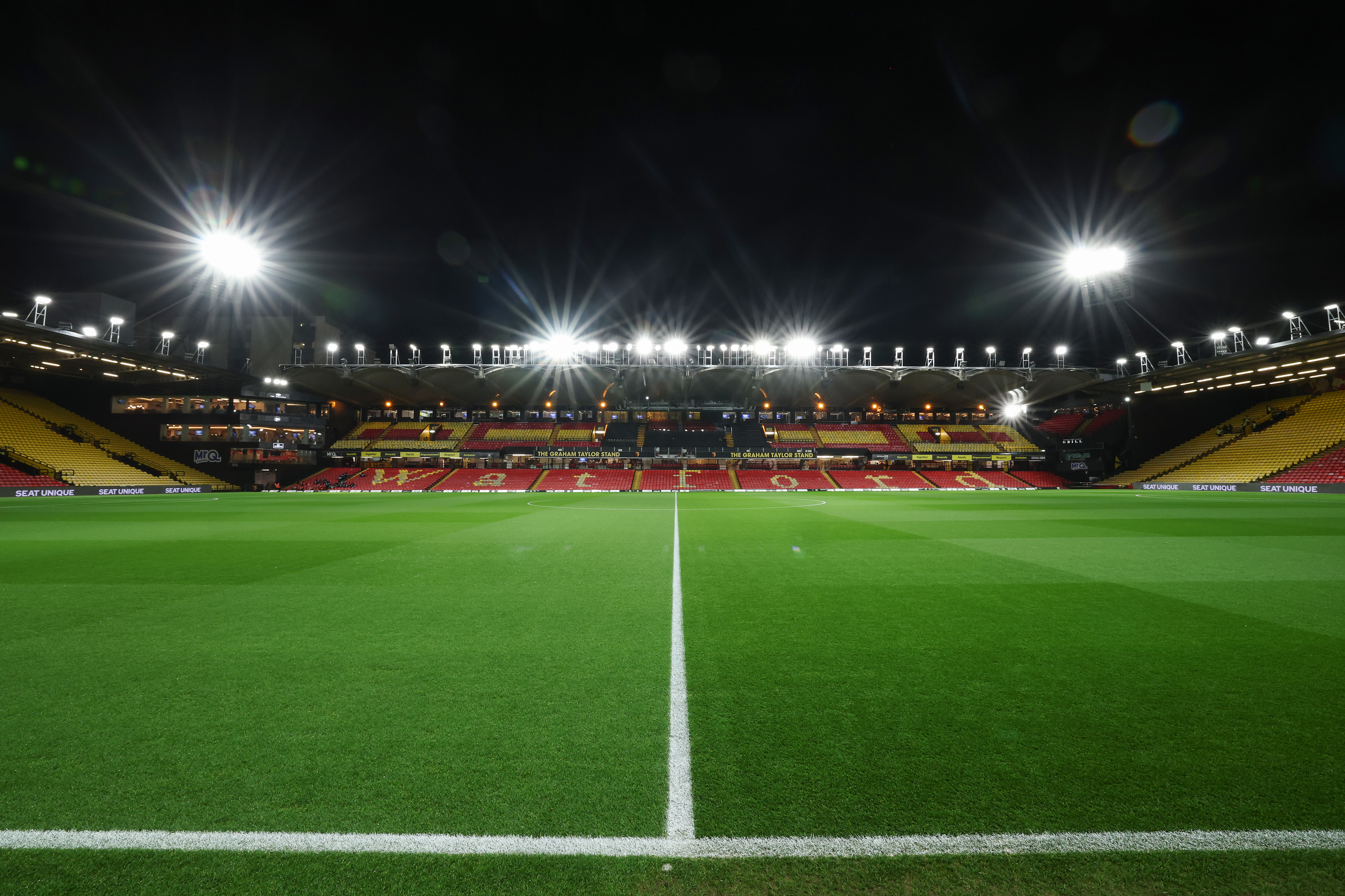 WATFORD, ENGLAND - DECEMBER 09: A general view inside the stadium during the Sky Bet Championship match between Watford and Sheffield Wednesday at Vicarage Road on December 09, 2025 in Watford, England. (Photo by Richard Heathcote/Getty Images)