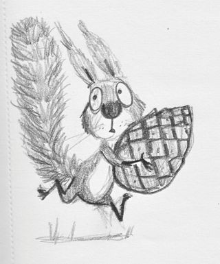 Illustrating children's books: Sketch of Cyril running holding a pinecone
