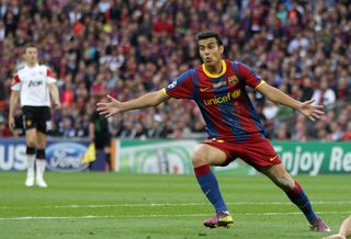 Pedro celebrates after scoring for Barcelona against Manchester United at Wembley in the 2011 Champions League final.